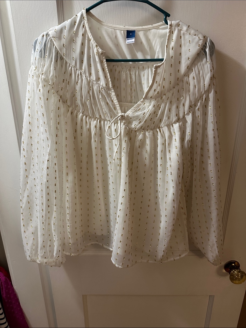 Old Navy Cream Blouse with Gold Dot Accent